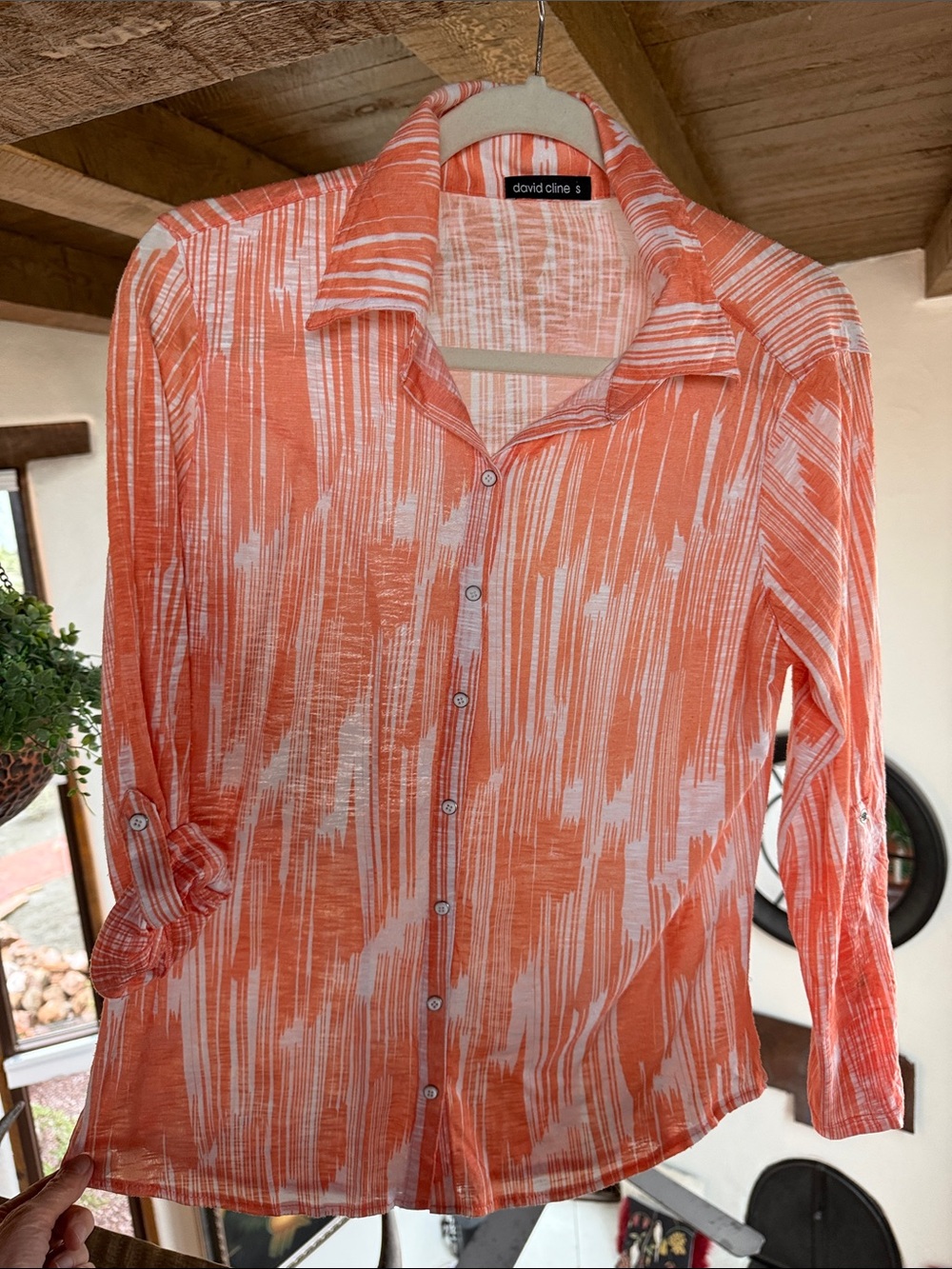 David Cline Coral & White Brushstroke Button-Up Blouse
